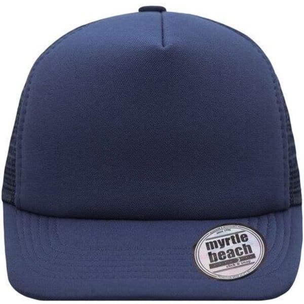 A navy blue 5 panel flat peak cap featuring a logo on the side. The cap has a structured design with mesh panels.
