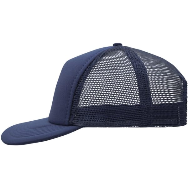 A navy blue 5 panel flat peak cap featuring a mesh back and a solid front panel, complete with a logo.