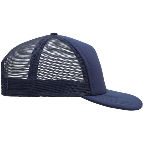 A navy blue 5 panel flat peak cap featuring a mesh back and a curved visor, with an unobtrusive logo.