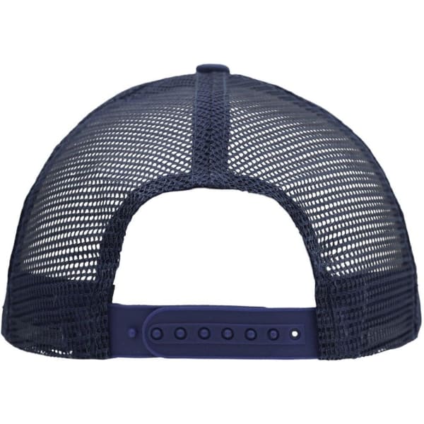 A navy 5 panel flat peak cap with a mesh back and adjustable snap closure. Features a logo on the back.