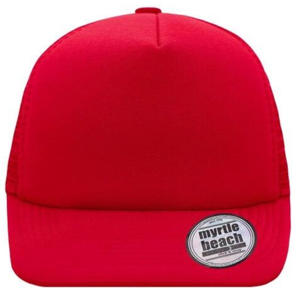 A red 5 panel flat peak cap featuring a logo badge on the front.
