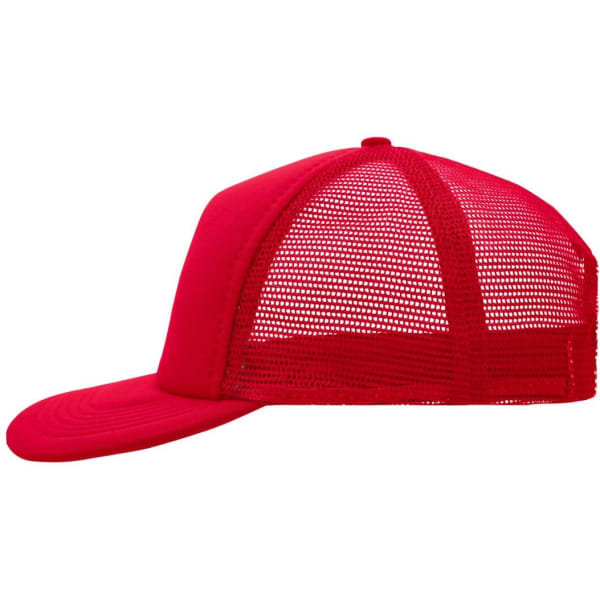 A bright red 5-panel flat peak cap with a mesh back and a curved peak, featuring a logo.