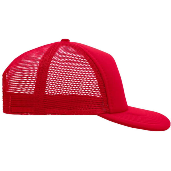 A red 5 panel flat peak cap with a mesh back and a curved brim, featuring a logo on the front.