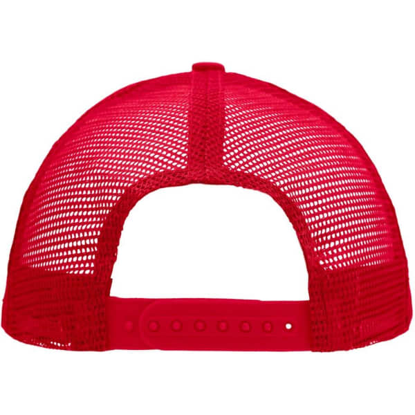 A red 5 panel flat peak cap featuring a mesh back and an adjustable strap. It has a logo on the back.