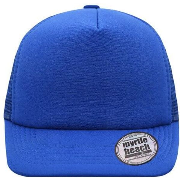A blue 5 Panel Flat Peak Cap with mesh sides and a logo on the front.