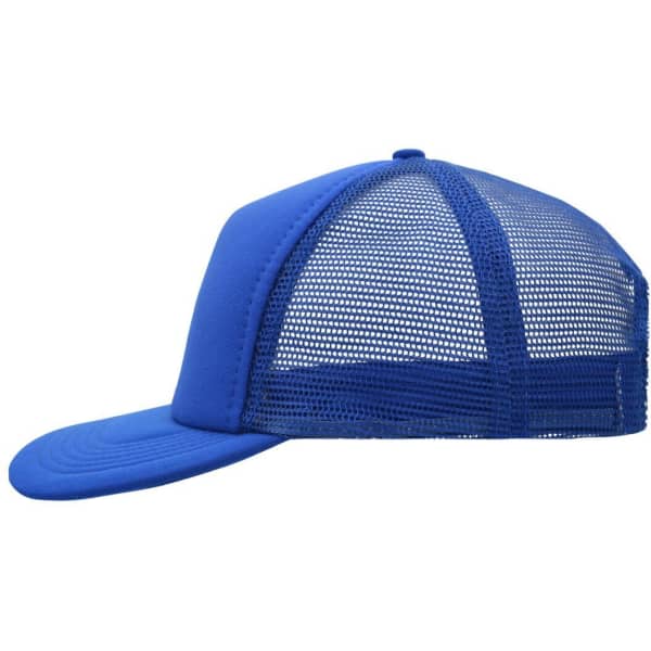 A blue 5 panel flat peak cap featuring a mesh back and a flat brim, with a logo on the front.