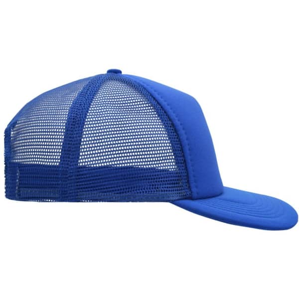 A blue 5 panel flat peak cap with a mesh back and a curved visor, featuring a logo on the side.