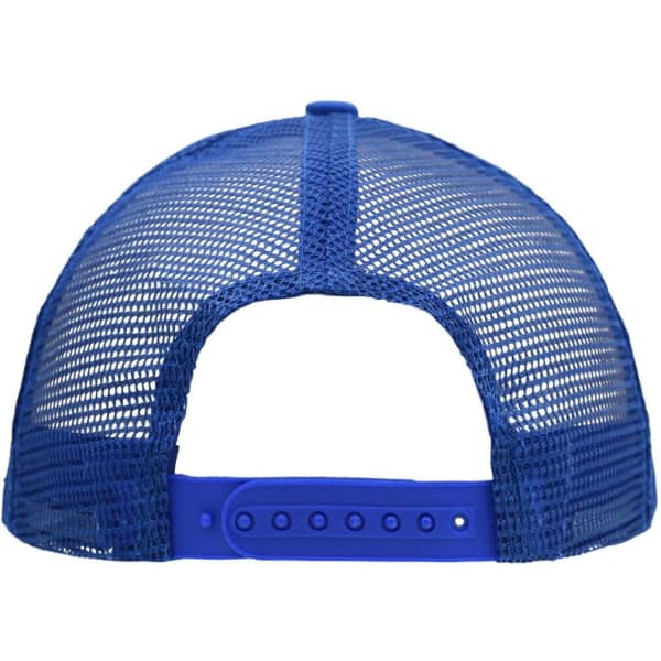 A blue 5-panel flat peak cap featuring a mesh back and adjustable strap, with a logo on the back.