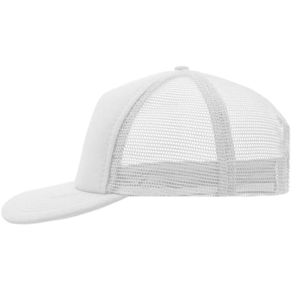 A white 5 Panel Flat Peak Cap with a mesh back and a curved brim, featuring a logo on the front.