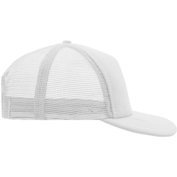 A white 5-panel flat peak cap with a mesh back and a flat brim, featuring a branded logo.