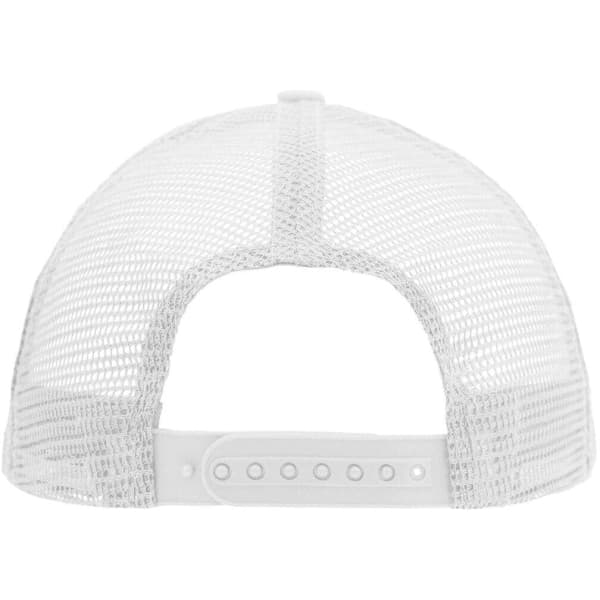 A white 5 Panel Flat Peak Cap featuring a mesh back and adjustable strap. It has a logo on the side.