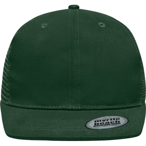 A green 6 panel flat peak cap featuring a structured design and a curved brim; includes a logo on the side.