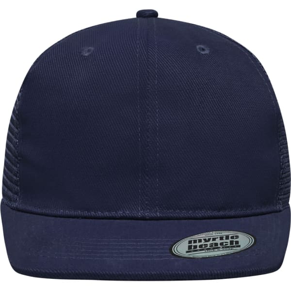 A navy blue six-panel flat peak cap featuring a rounded crown and a branded label on the front.