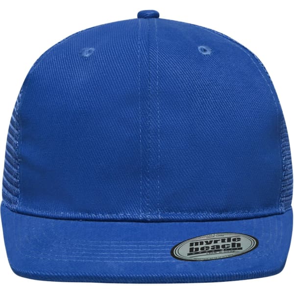 A blue 6 panel flat peak cap with a mesh back and a branded label on the front.