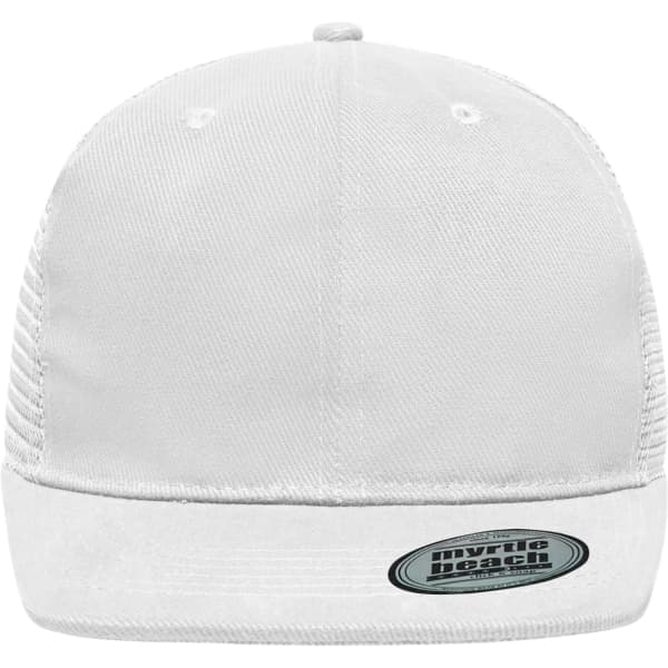 A white 6 panel flat peak cap with a logo on the front. The cap features a structured design and a flat brim.