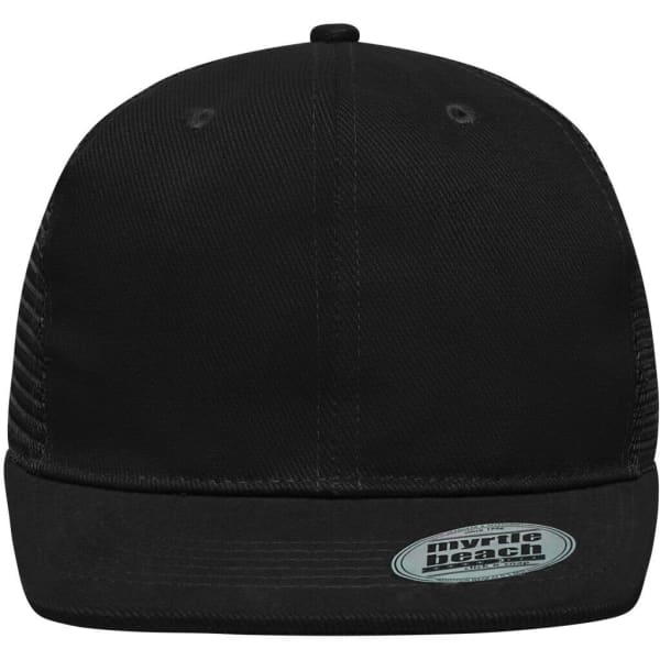 A black 6 panel flat peak cap with a structured design and a logo on the front.