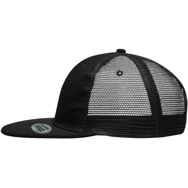 A black 6 panel flat peak cap with a mesh back and a branded tag on the underside of the peak.