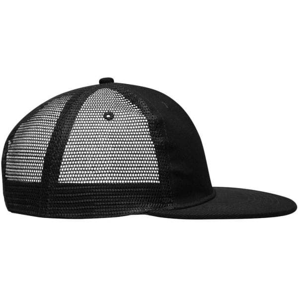 A black 6 panel flat peak cap with a mesh back and a curved brim. It features a logo on the front.