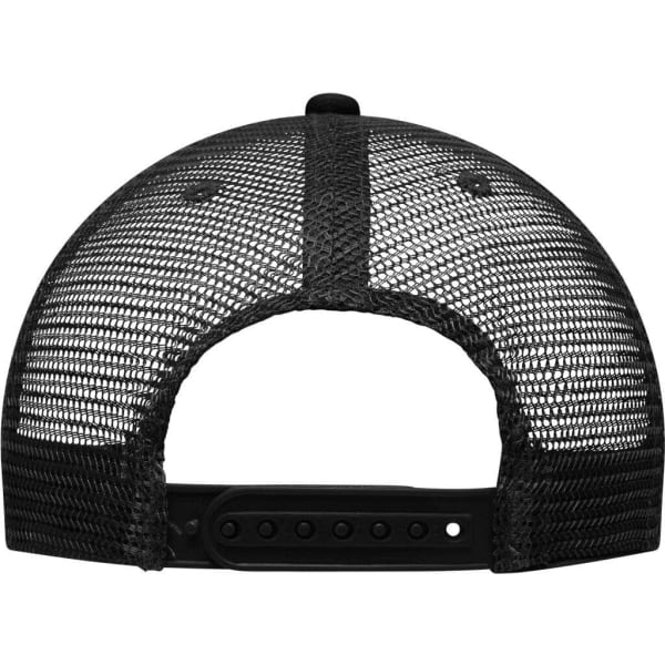 A black 6 Panel Flat Peak Cap featuring a mesh back and an adjustable strap, with a logo on the side.