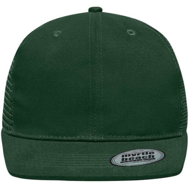 A green 6 panel flat peak cap with a structured brim and a logo on the front.