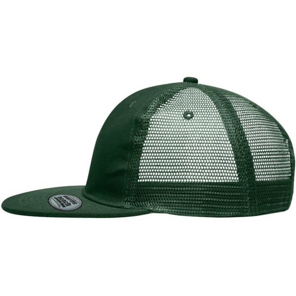 A green 6-panel flat peak cap featuring a mesh back and a branded label.