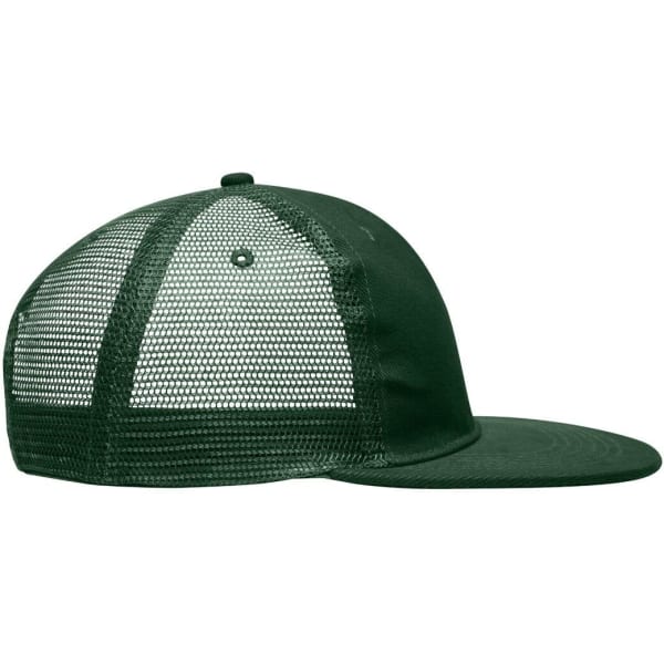A green 6 panel flat peak cap featuring a mesh back and a solid front panel, with a logo on the side.