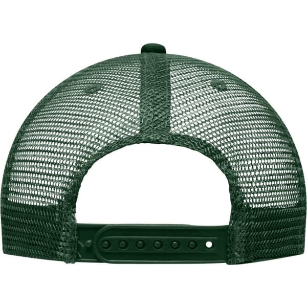 A green 6 panel flat peak cap featuring a mesh back and an adjustable strap. The cap has a logo on it.