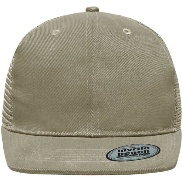 A khaki 6 panel flat peak cap with a textured design and a logo on the front.
