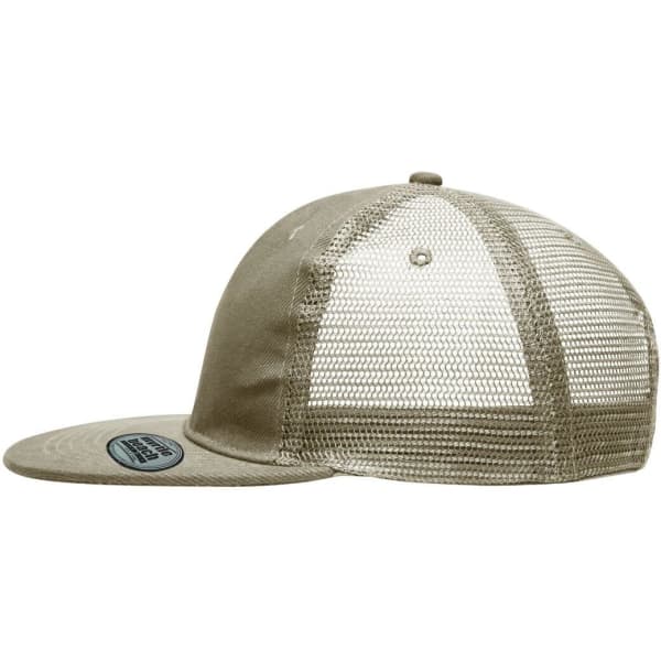 A khaki 6 panel flat peak cap featuring a mesh back and a circular logo on the side.