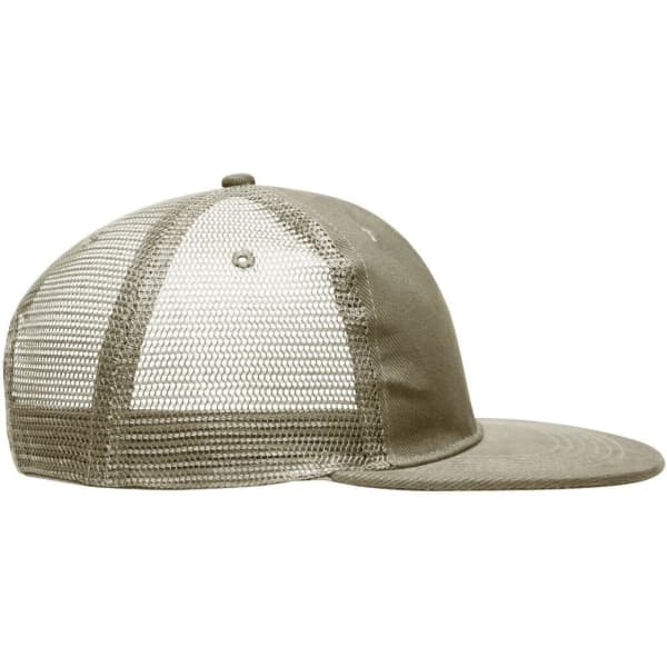 A khaki 6 Panel Flat Peak Cap featuring mesh panels at the back and a visor, with a logo on the front.