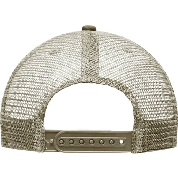 A khaki 6 panel flat peak cap featuring a mesh back and an adjustable strap. The cap has a logo on it.