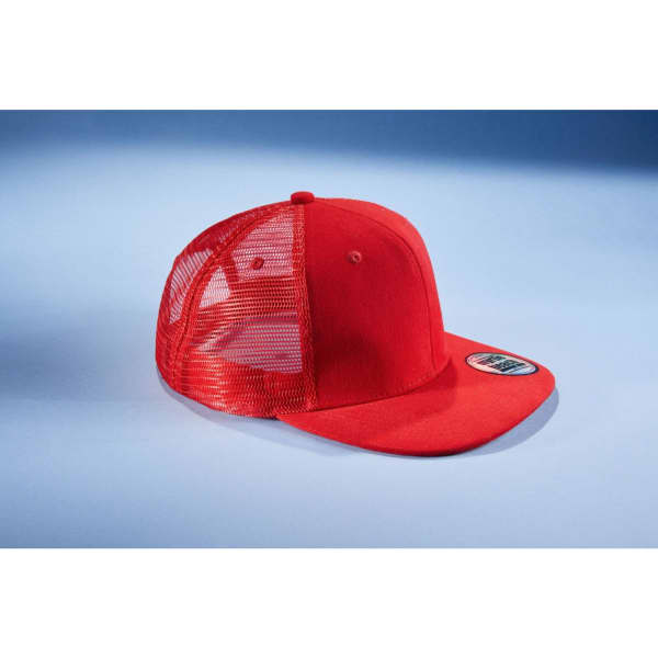 A bright red 6 panel flat peak cap with a mesh back and a branded logo.