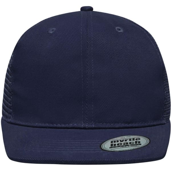A navy blue 6 Panel Flat Peak Cap with a structured design and a logo on the front.