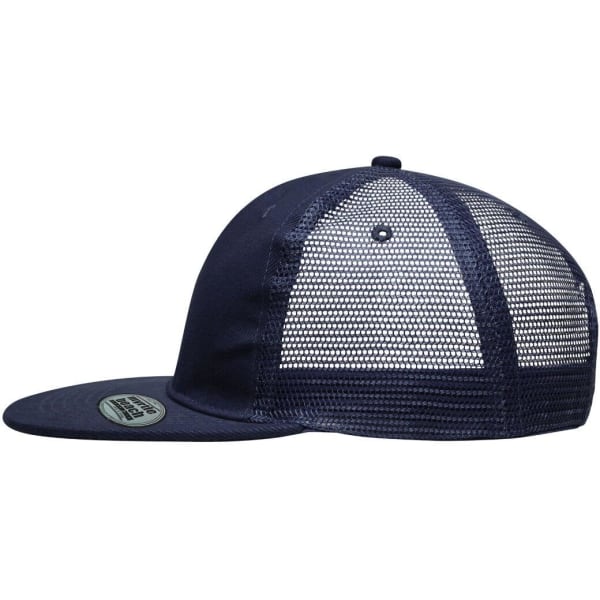 A navy blue 6 panel flat peak cap with a mesh back and a logo.