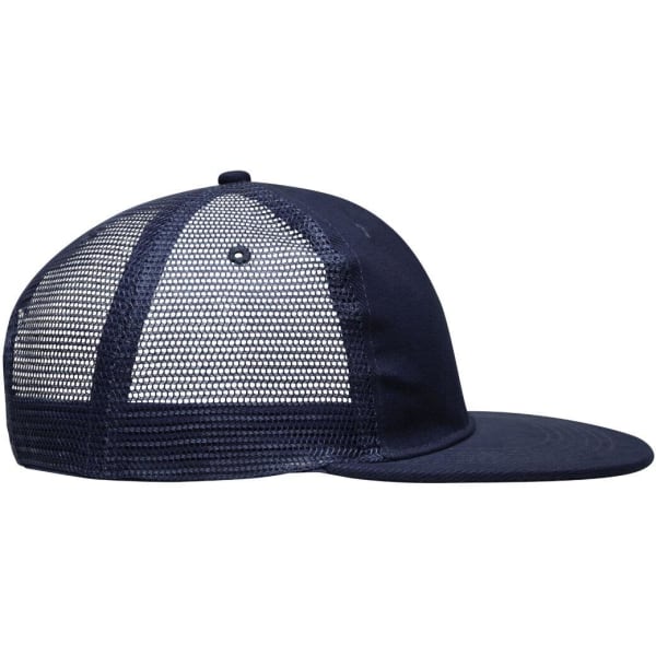 A navy blue 6 panel flat peak cap with a mesh back and a branded logo.