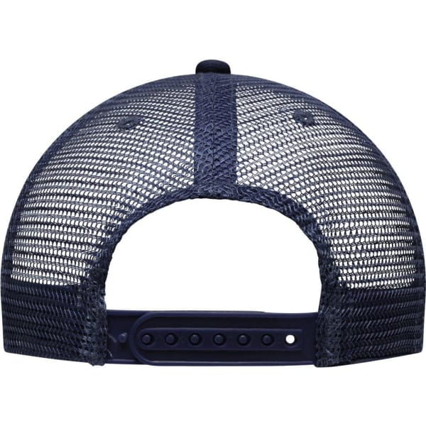 A navy blue 6 panel flat peak cap featuring a mesh back and an adjustable strap. It includes a logo on the side.