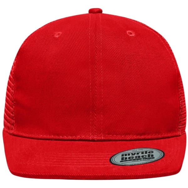 A bright red 6 panel flat peak cap with a curved brim and a logo label on the side.