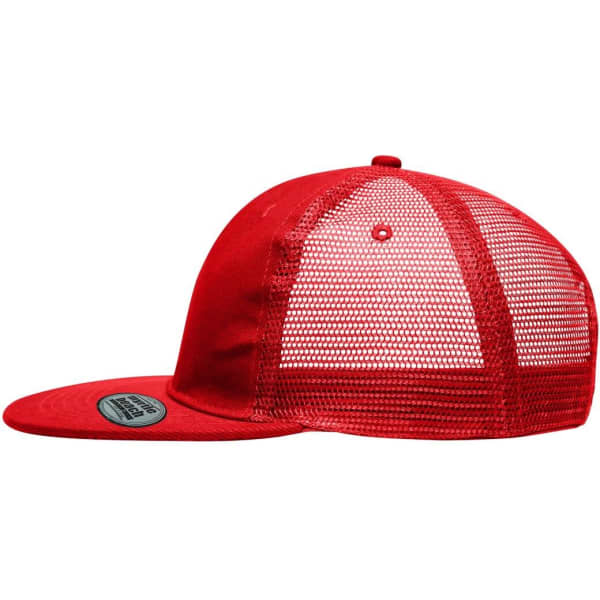 A red 6 panel flat peak cap with a mesh back and a flat brim. It features a logo on the front.