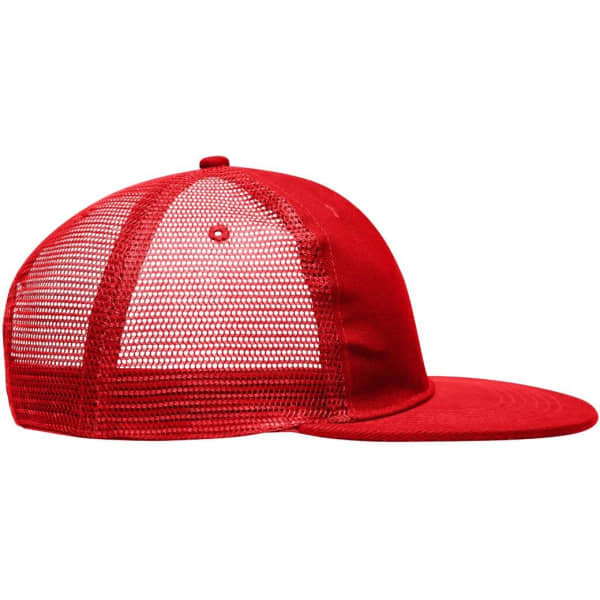 A red 6 panel flat peak cap featuring a mesh back and a curved brim. The cap also includes a logo.