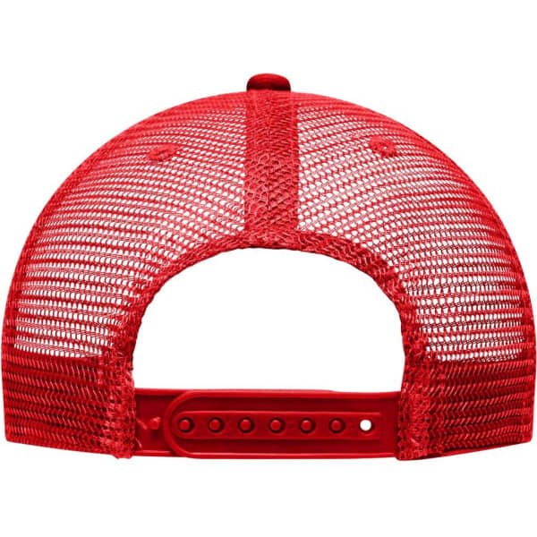 A red 6 panel flat peak cap featuring a mesh design at the back and an adjustable strap.