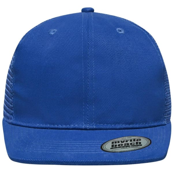 A blue 6 Panel Flat Peak Cap featuring a logo on the front and a structured design.