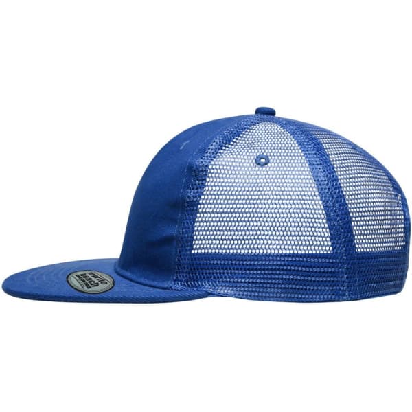 A blue 6 panel flat peak cap featuring a mesh back and a logo on the side.