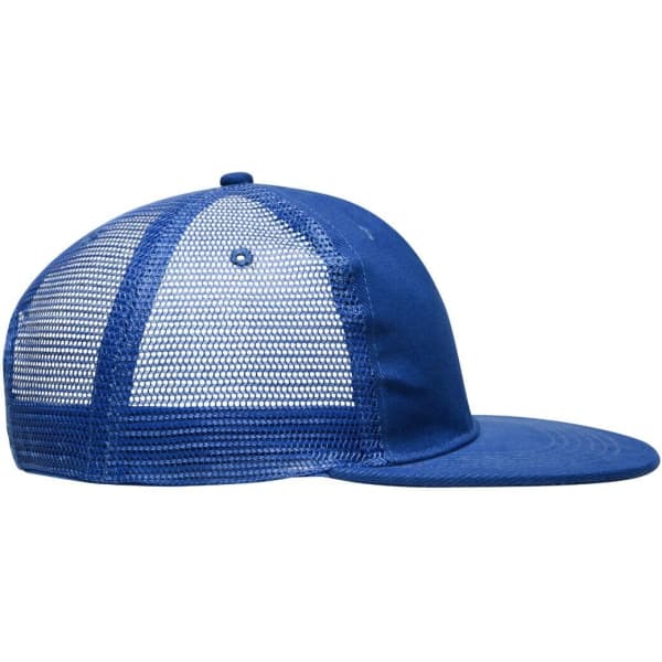 A blue 6 panel flat peak cap featuring a mesh back and a curved brim, with a branding logo visible.