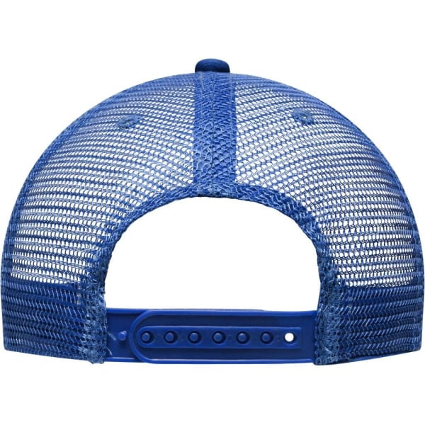 A blue 6-panel flat peak cap featuring a mesh back and an adjustable strap. It includes a branding logo.