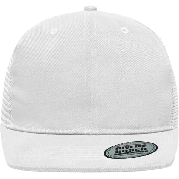 A white 6-panel flat peak cap with a branded logo on the front and a mesh back.