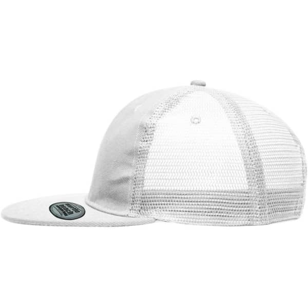A white 6-panel flat peak cap with a mesh back and a curved brim. The cap features a logo.
