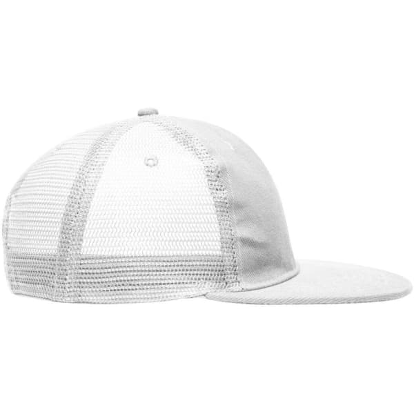 A white 6 panel flat peak cap with a mesh back and a curved brim. It features a logo on the front.