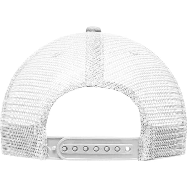 A white 6-panel flat peak cap featuring a mesh back and adjustable strap. It includes a logo on the side.
