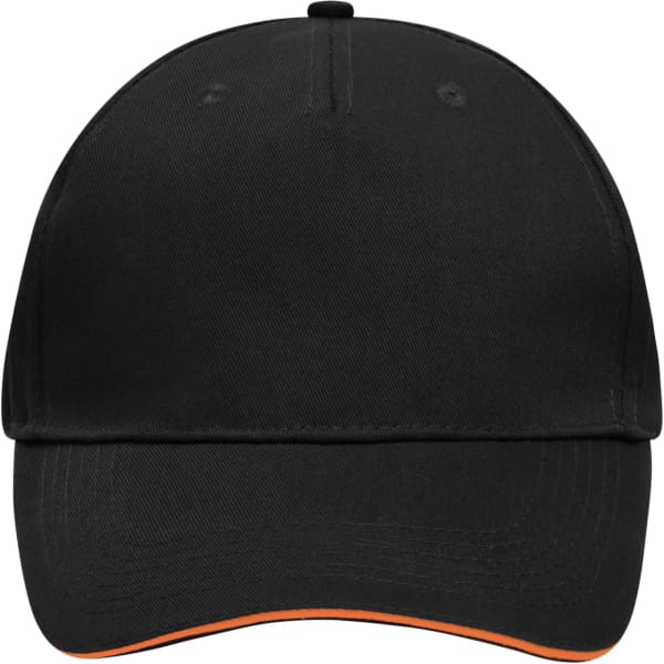 A 5 Panel Sandwich Cap in black with an orange accent. It features a logo on the front.