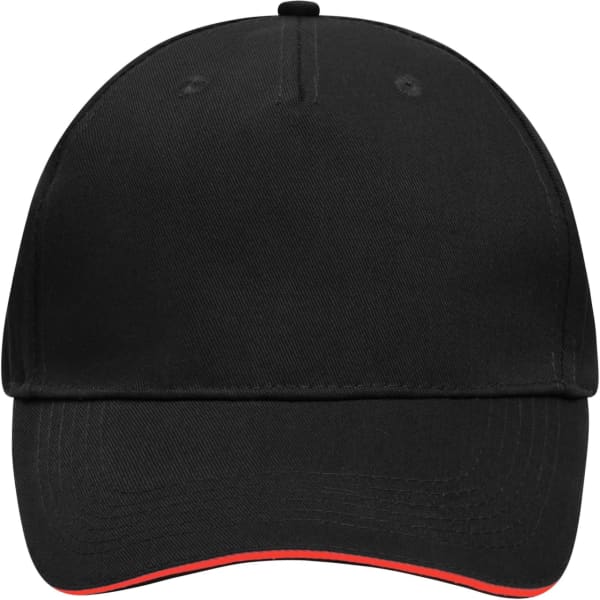 A black 5 panel sandwich cap with a contrasting red underbrim and a logo on the front.